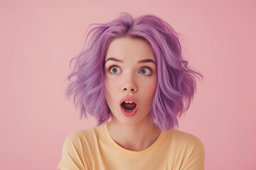 Surprised woman with a purple hair. Shocked girl studio portrait on a pink background. AI generated - 744435109
