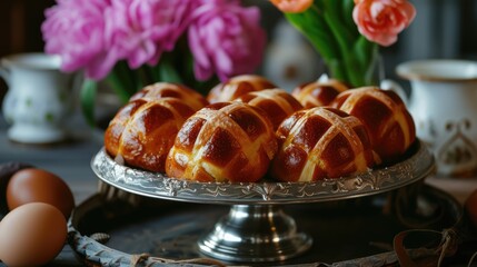 Fototapeta na wymiar Easter. Good Friday. Freshly baked buns on a linen napkin. Selective focus.