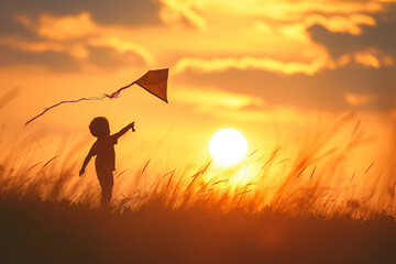 Happy child flying a kite at sunset. AI generative - 744435114