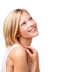 Beauty, space and thinking with aesthetic woman in studio isolated on white background for self care. Face, skincare and mockup with confident young person at salon for cosmetics or dermatology