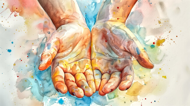 Colorful watercolor painted hands of little children