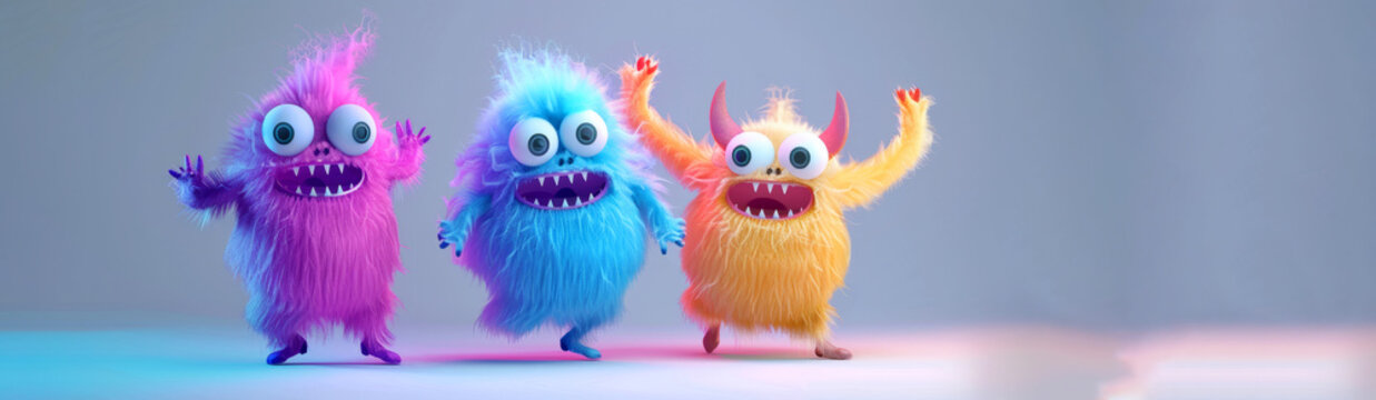 colorful fluffy and cute monsters that dance and wave. in the style of cartoon characters in 3D rendering. Each monster has bright colors. Isolated on a white background, for projects, promotion