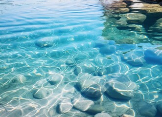 Fototapeta na wymiar crystal clear water ripples an rock stone underwater