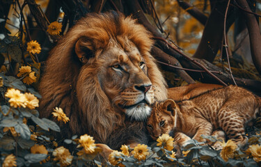 Fototapeta premium Lion and lion cub in the forest