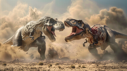 Two Tyrannosaurus Rex are fighting in a cloud of dust