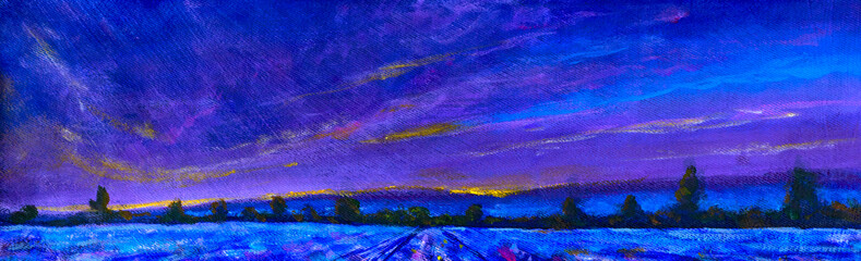 Oil painting panorama banner blue violet sunset dawn over lavender field. Panoramic Provence landscape lavender flowers field at sunrise.