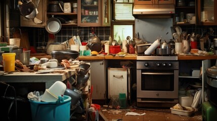 The disarray of a kitchen piled high with dirty dishes conveys the authentic and relatable experience of daily cooking and cleanup. - obrazy, fototapety, plakaty