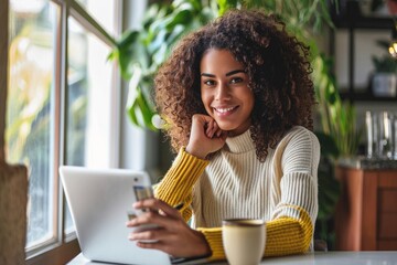 Young happy curly girl, smiling pretty latin woman holding using cellphone, looking at camera with mobile phone in hands remote working or hybrid learning on laptop at home office, Generative AI