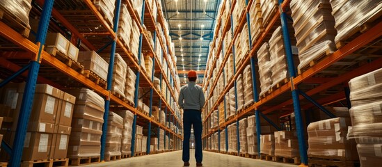 Portrait of a Caucasian male worker in a busy industrial warehouse facility - obrazy, fototapety, plakaty
