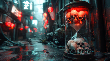 An hourglass made of skulls - obrazy, fototapety, plakaty
