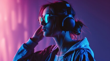 Hipster igen teen pretty fashion girl model wear stylish glasses headphones enjoy listen new cool music mix stand at purple studio background in trendy 80s 90s club blue party light, Generative AI