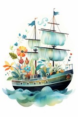 Pirate ships and sail in watercolor style on white background Created with Generative AI technology.