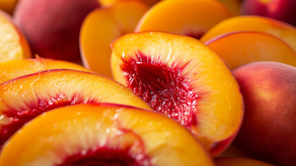 A close-up of a succulent peach sliced to reveal its juicy center, surrounded by slices of nectarines and apricots, creating an irresistible display of summer sweetness.