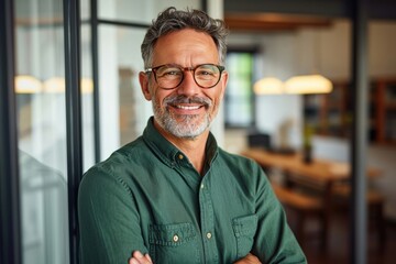 Portrait of smiling professional mature business man, happy businessman ceo of middle age, mid adult entrepreneur or executive manager in his 50s wearing glasses and green shirt, Generative AI