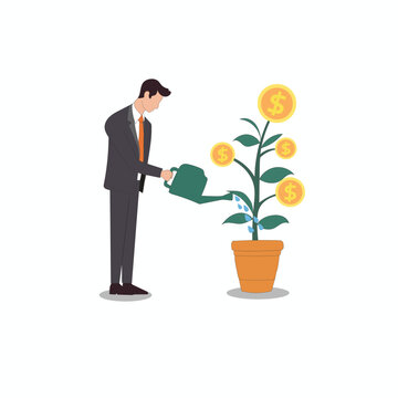 business concept, man watering pot growing money, business template, flat illustration design