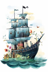 Pirate ships and sail in watercolor style on white background Created with Generative AI technology.