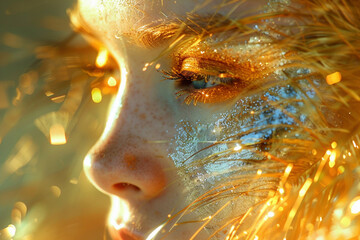 photograph of a person born under the zodiac sign Leo, in good lighting, iridescent colors of golden light, light gray, light orange and light green, play of light and shadows Concept of astrologers.