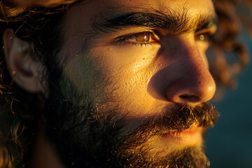 photograph of a person born under the zodiac sign Leo, in good lighting, iridescent colors of golden light, light gray, light orange and light green, play of light and shadows Concept of astrologers.