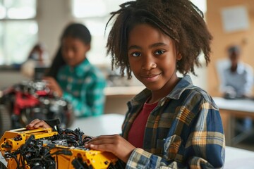 Happy African American junior school kid holding robotic car looking at camera at STEM class. Smiling black child preteen girl posing with robot vehicle. Portrait. Engineering and coding,Generative AI - Powered by Adobe