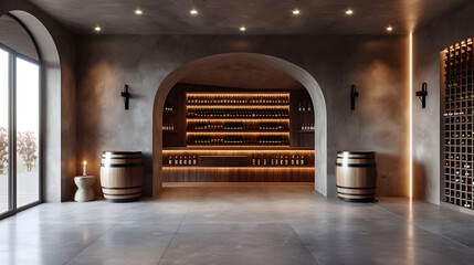 A large luxury wine cellar with wooden barrels, shelves of wine, and a circular bar in the center.
