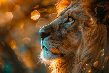 photograph of a person born under the zodiac sign Leo, in good lighting, iridescent colors of golden light, light gray, light orange and light green, play of light and shadows Concept of astrologers.