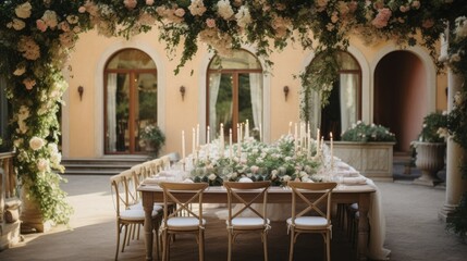 Fototapeta na wymiar Beautiful Romantic Wedding Dinner Table Decor. Modern floral design, Table with candles, floral arrangements outdoors near the Italian restaurant.