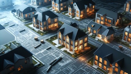 3d illustration of a modern city at night with houses and roads
