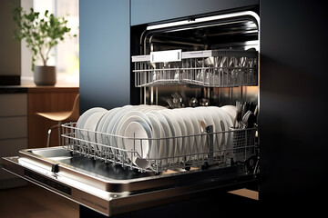 Open dishwasher with clean dishes in it. 3d rendering.