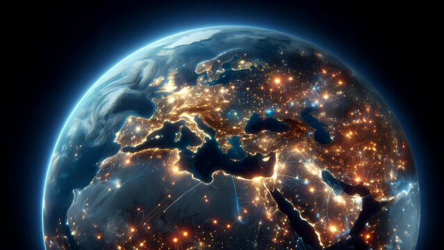 Europe on planet Earth at night with visible city lights. 3D illustration.