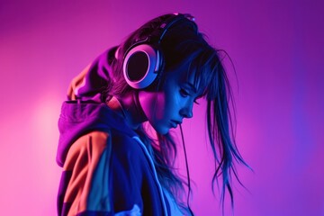 Stylish fashion teenager model wearing hoodie and headphones listening dj music dancing in purple neon lights. Young teen girl enjoy cool music 90s party mix in violet studio background. Generative AI