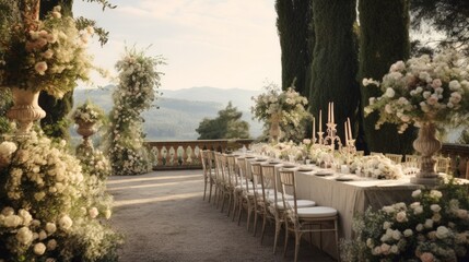 Fototapeta premium Beautiful romantic Wedding Decor for a luxurious Holiday. Modern floral design, Table with chairs and candles outdoors on the background of nature and mountains.