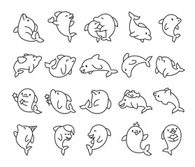 Cute kawaii dolphin in different poses. Coloring Page. Funny cartoon marine character. Hand drawn style. Vector drawing. Collection of design elements.