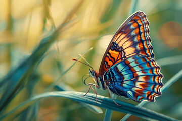 A close-up view of a butterfly perched on a blade of grass, its wings outstretched to absorb the warm sunlight, showcasing the intricate patterns and vibrant colors of nature's delicate creatures.