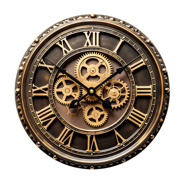 Vintage steampunk clock with exposed gears and Roman numerals, cut out