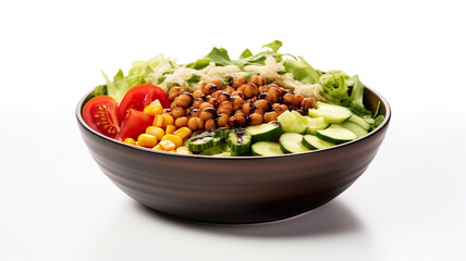 Isolated on a stark white background is a Buddha bowl dish with vegetables and legumes.