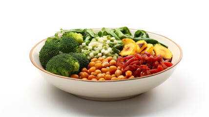 Isolated on a stark white background is a Buddha bowl dish with vegetables and legumes.