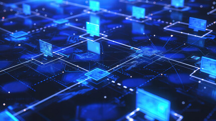 Obraz premium Digital business peer-to-peer connection illustration, futuristic exchange blockchain security datum networking tech structure, web banking information communication infrastructure