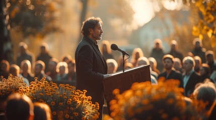 Man Giving Eulogy at Outdoor Funeral Ceremony - obrazy, fototapety, plakaty