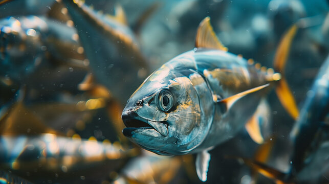 Close-up image of tuna fish seen underwater, with beautiful coral reefs, Ai generated Images