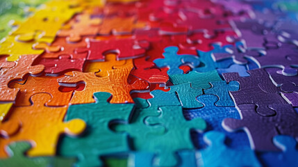 A colorful scene celebrating World Autism Awareness Day, with puzzle pieces arranged in a vibrant mosaic pattern, representing diversity and acceptance in neurodiversity.