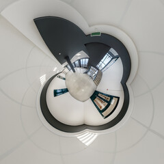 abstractly twisted into spherical 360 panorama interior of modern office with hall staircase and panoramic windows