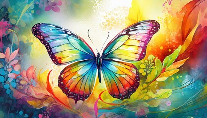 butterfly on a flower background, Wallpaper texter butterfly on a pink background, Watercolor Colorful Butterfly