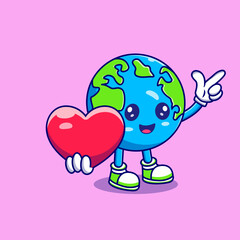 Cute Earth Globe Holding Love cartoon characters vector icon illustration