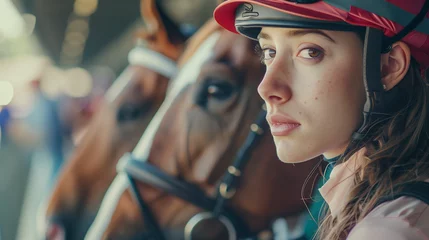 Foto op Plexiglas A female horse racer prepares in the paddock before racing in the Kentucky Oaks, Ai Generated Images © mohammad