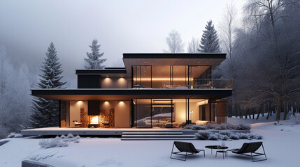 A contemporary residence with an exterior terrace featuring a cozy fireplace, inviting residents to enjoy the beauty of a snowy landscape while staying warm and connected to nature.