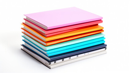 Stacks of colored notebooks isolated against a stark white background