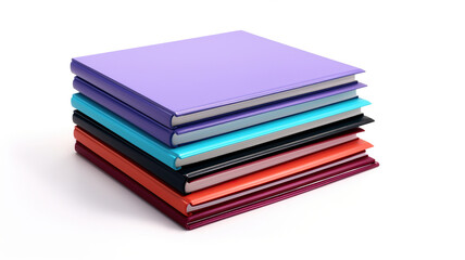 Stacks of colored notebooks isolated against a stark white background