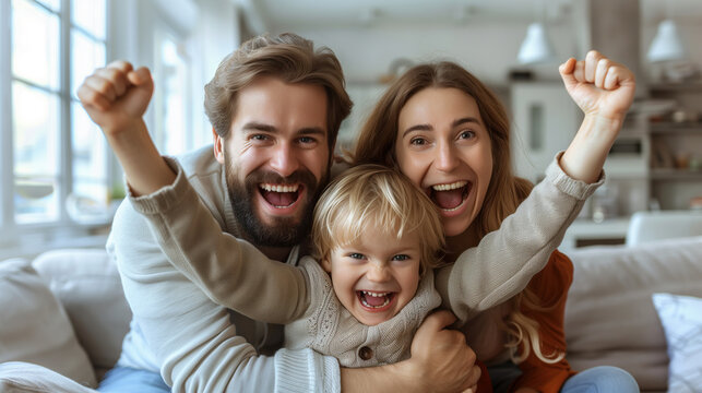Real estate and mortgage concept : Family with child having fun in new home. Joyful first-time buyers in living room. Real estate, residential mortgage, moving into dream house. bright white tone.