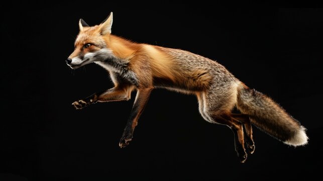 Fox jump on a black background. Flying animal.
