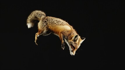 Fototapeta premium Fox jump on a black background. Flying animal. 